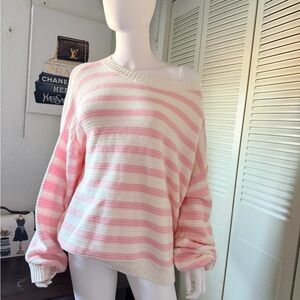 Pink and White Striped Women's Sweater size XS/S oversize